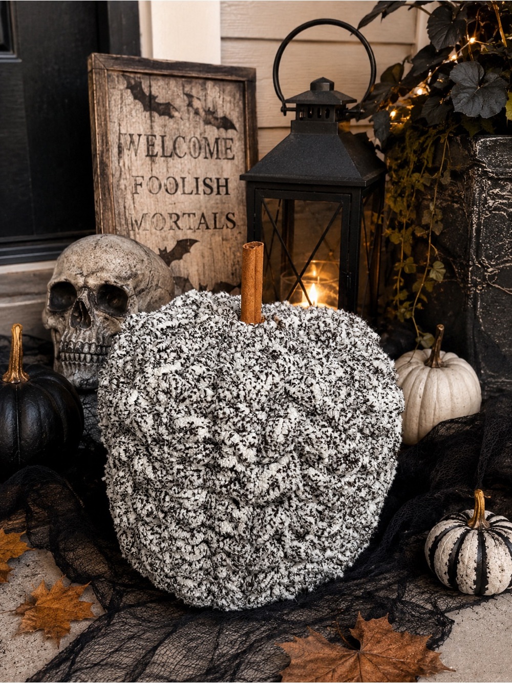 Handmade Crochet Pumpkin Black & White Spooky Halloween Gothic Fall Decor